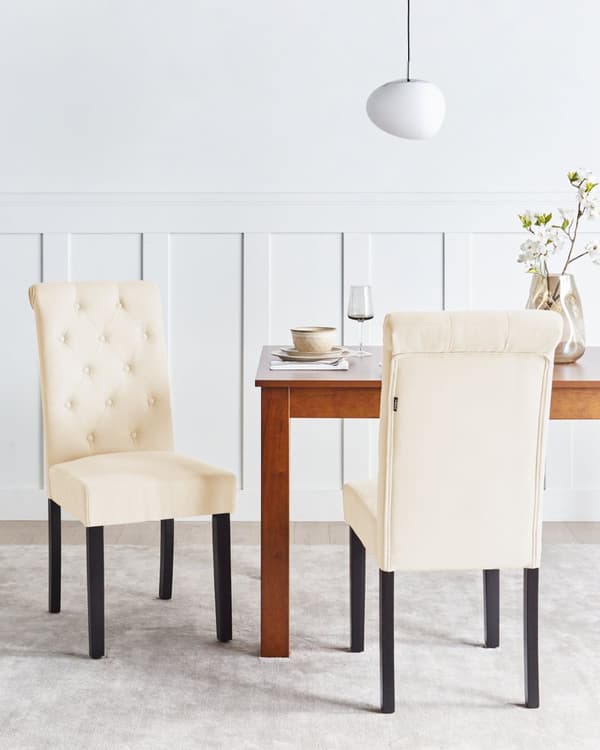 Set av 2 Matstolar Creme tyg Glam Modern Design Svarta Träben