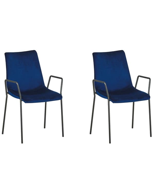 Set av 2 Matstolar Mörkblå Sammet med Armstöd Stapelbara Matsal Kontor Konferensrum