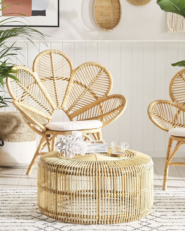 Natur og Beige Påfuglelænestol Rattan Havesædehynde i Bomuld Boho Stil