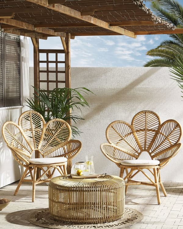 Natur og Beige Påfuglelænestol Rattan Havesædehynde i Bomuld Boho Stil
