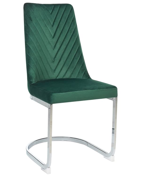 Et sæt med 2 Spisestuestole i Mørkegrøn Velour med Kromben til en Moderne Spisestue i Glamourøs Stil