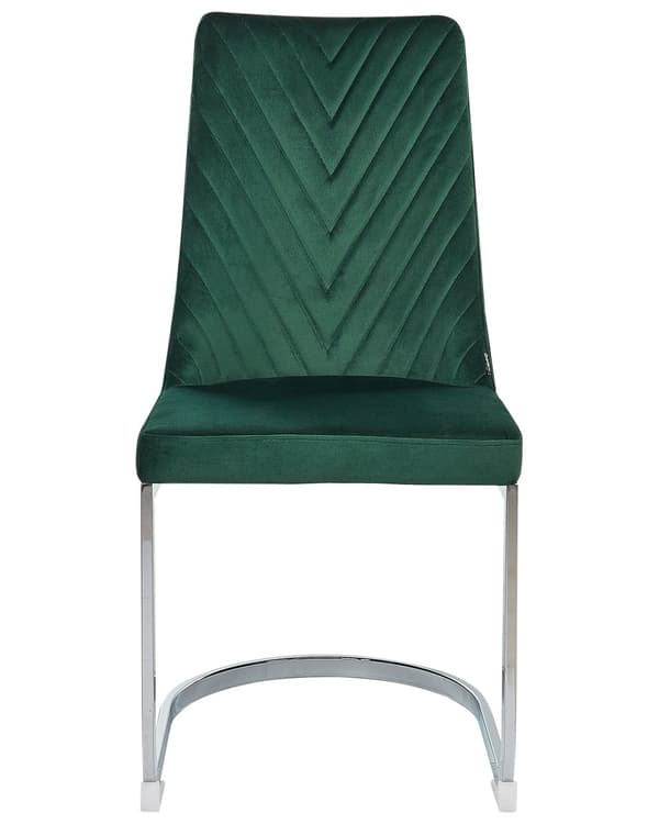 Et sæt med 2 Spisestuestole i Mørkegrøn Velour med Kromben til en Moderne Spisestue i Glamourøs Stil