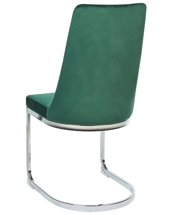 Et sæt med 2 Spisestuestole i Mørkegrøn Velour med Kromben til en Moderne Spisestue i Glamourøs Stil