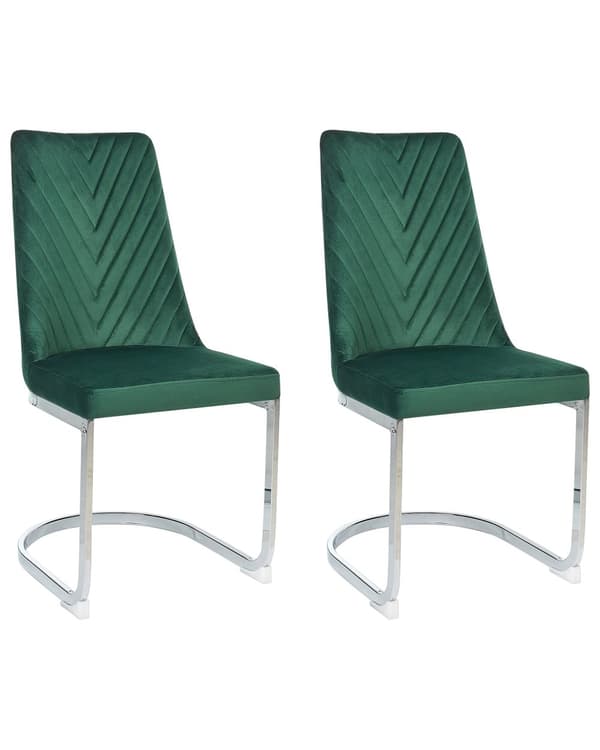 Et sæt med 2 Spisestuestole i Mørkegrøn Velour med Kromben til en Moderne Spisestue i Glamourøs Stil