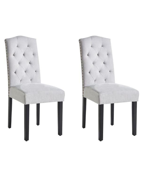 Sæt med 2 grå velourstole med sorte metalben til spisestuen retro minimalistisk stil