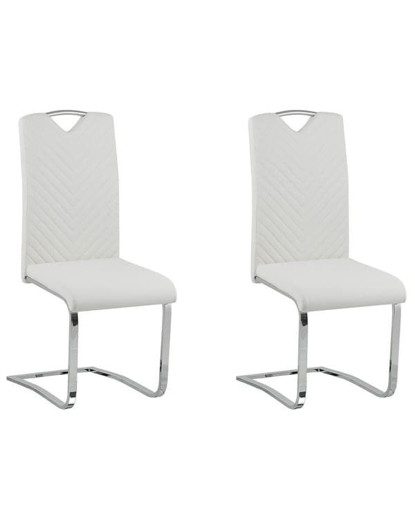 Spisebordsstole Hvid Læder Sølv Metal Sæt 2 stk Polstret Frisvinger Stole til Spisestue Køkken Quiltet Ryglæn uden Armlæn Moderne Design