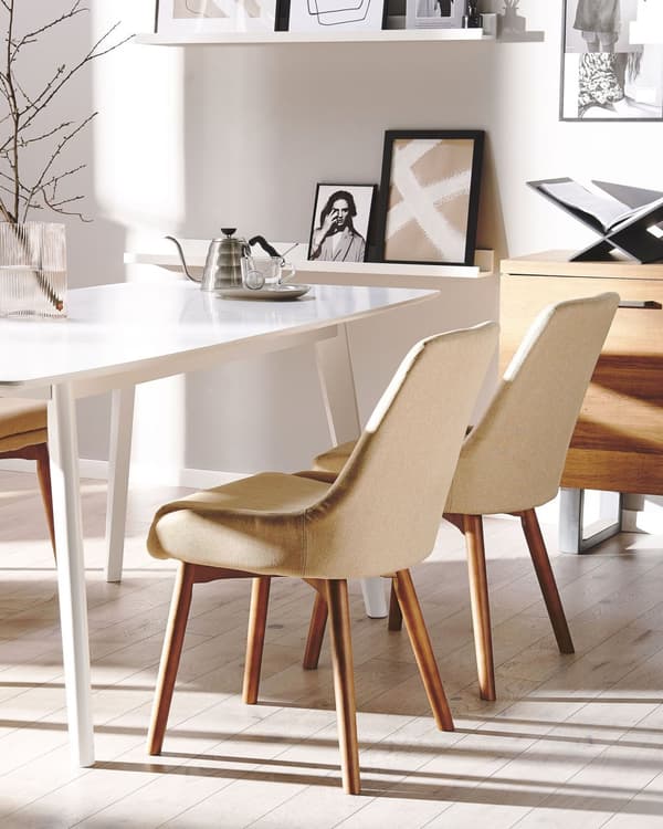 Spisebordsstole Beige Polyester Mørke Træben Sæt 43 x 58 x 82 cm Dekorative Polstrede Spisestole uden Armlæn Design Høj Ryg Køkkenstole