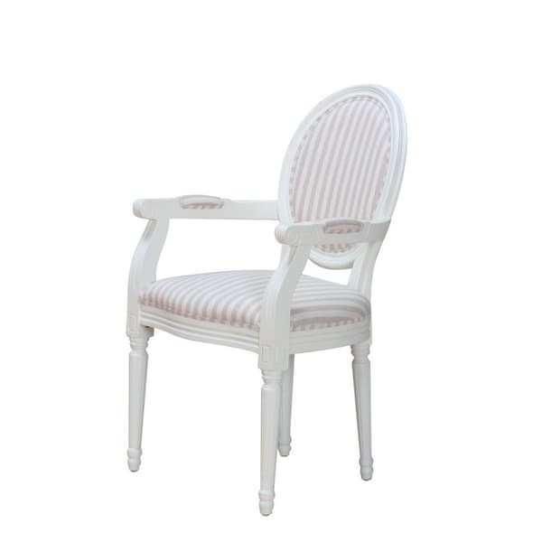 Rokoko/Amaretta spisestuestol med armlæn i antik hvid, antik patineret med beige stribet stof.