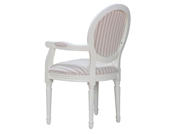 Rokokko/Amaretta spisestol med armlener i antikk hvit med beige stripet stoff.