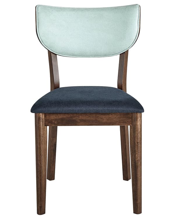 Sæt med 2 spisestuestole mørkt gummitræ blåt stof uden armlæn retro traditionel stil