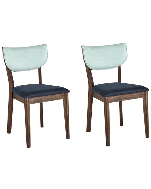 Sæt med 2 spisestuestole mørkt gummitræ blåt stof uden armlæn retro traditionel stil