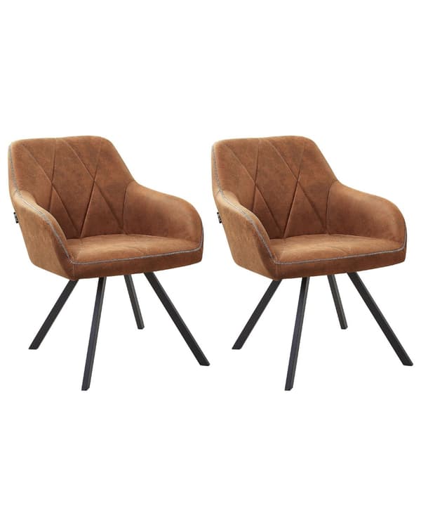 Sett med 2 spisestuestoler i brunt stoff med armlene Vattert ryggstøtte Svarte metallben Retro Overgangsstil