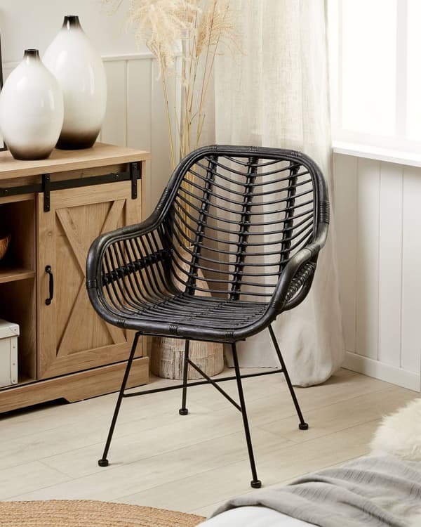 Stol Svart Rotting Metall Flettet stol Med armlener Stue Spisestue Moderne Boho