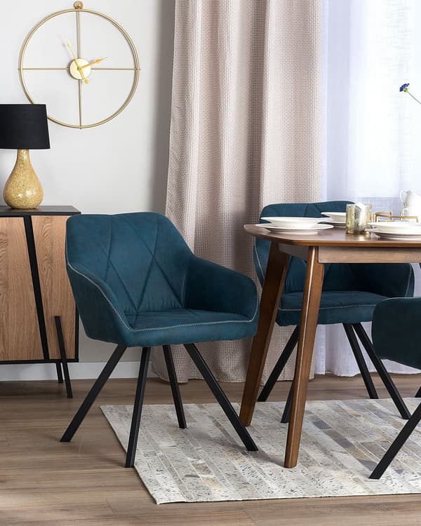 Sett med 2 spisestuestoler i blått stoff med armlene Vattert ryggstøtte Svarte metallben Retro Overgangsstil