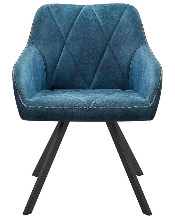 Sett med 2 spisestuestoler i blått stoff med armlene Vattert ryggstøtte Svarte metallben Retro Overgangsstil