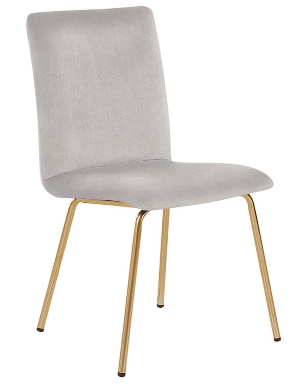 Sett med 2 spisestuestoler i grå fløyel uten arm Gull metallben Retro Glam
