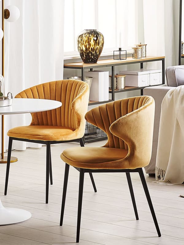 Sett med 2 Spisestoler Gul Fløyelstrekk med Svarte ben Retro Industriell stil
