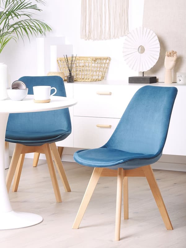 Sett med 2 Spisestuestoler Blå Fløyel Polstring Sete Elegant Moderne Treben