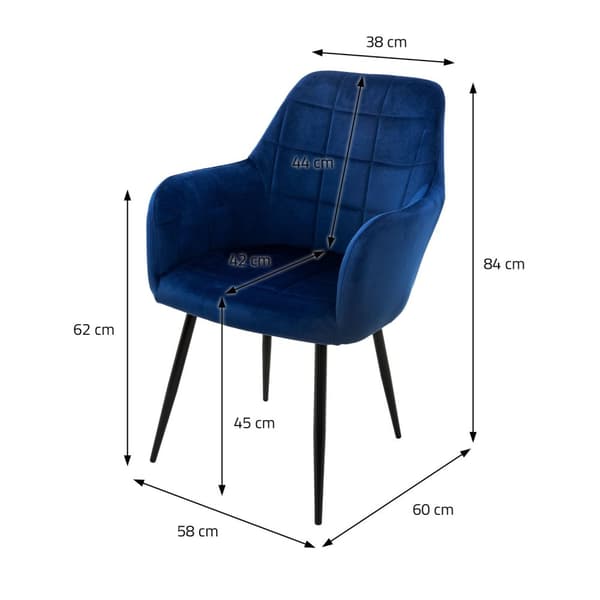 ML-Design spisestuestole Sæt med 2 Spisestue stol med ryg og armlæn, mørkeblå, sæde af fløjl, polstret, med sorte metal ben, køkken stol