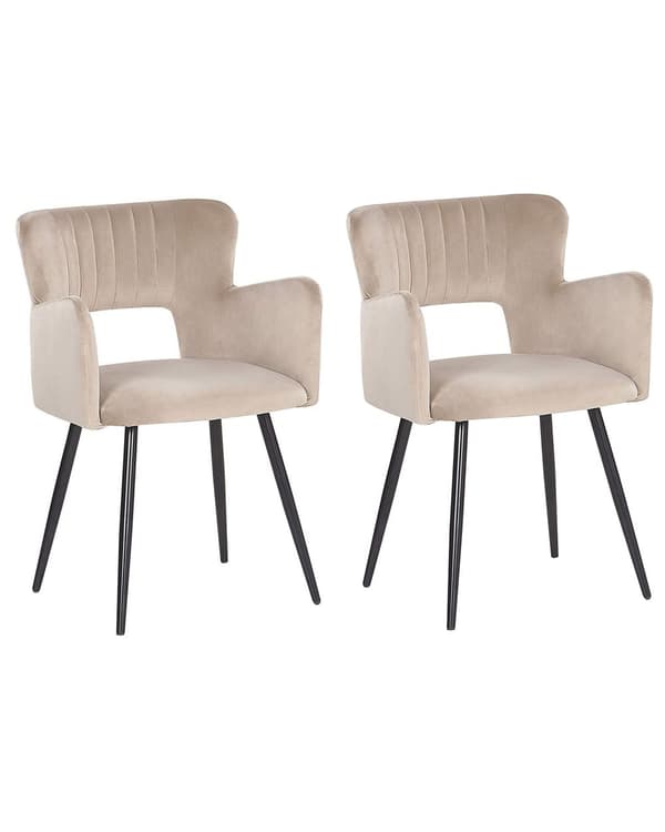 Sæt med 2 Stole Spisestuestol Taupe Velour med Armlæn Udskåret Ryglæn Sort Metalben