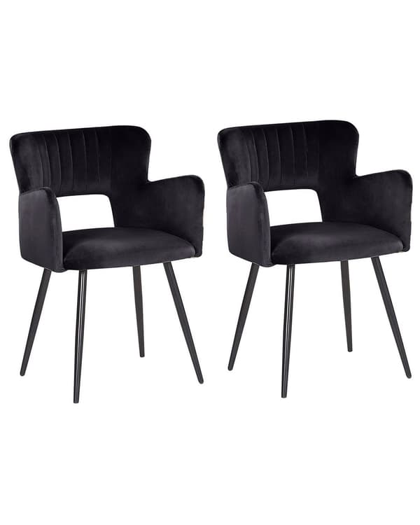 Sæt med 2 Stole Spisestuestol Sort Velour med Armlæn Udskåret Ryglæn Sort Metalben