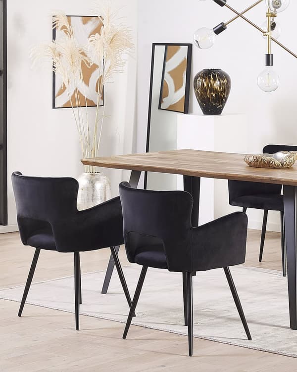 Sett med 2 spisestoler Svart Fløyel Svarte metallben Armlener Moderne design Spisestue Kjøkken