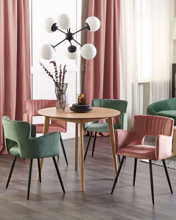 Set med 2 Matstolar Rosa Sammet med Armstöd Ryggstöd med Utskärning Svarta Metallben Kök Matsal Vardagsrum Kontor