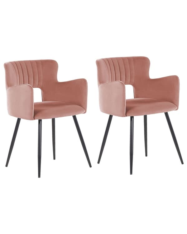 Set med 2 Matstolar Rosa Sammet med Armstöd Ryggstöd med Utskärning Svarta Metallben Kök Matsal Vardagsrum Kontor