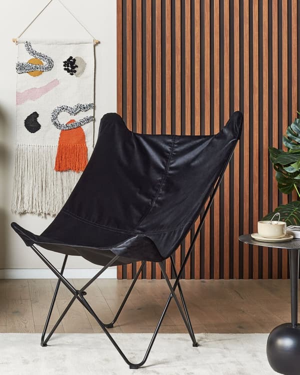 Flagermusstol Sort Velour Metal Letvægts Lænestol Butterfly Stol Traditionel Retro Sommerfuglestol Tilbehør til Stue