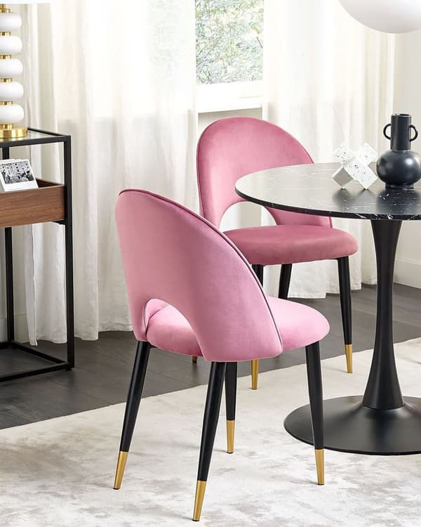 Set med 2 matstolar Rosa Sammetsklädsel Svarta Ben Retro Glamour Matsal Kök Vardagsrum