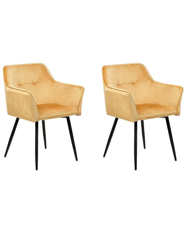 Set av 2 Middagsstolar Orange Beige Sammetsklädd Sits med Armstöd Svarta Metallben