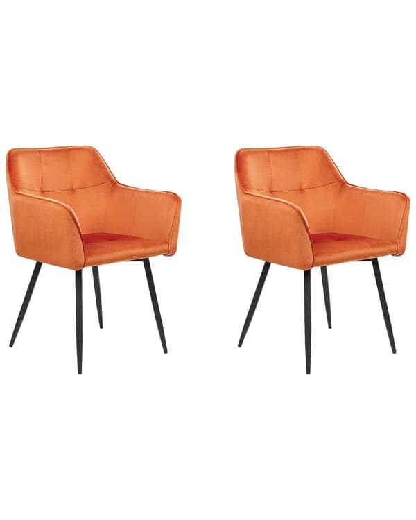 Set av 2 Middagsstolar Orange Beige Sammetsklädd Sits med Armstöd Svarta Metallben