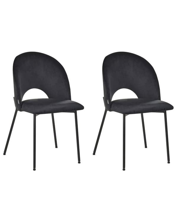 Sett med 2 spisestoler Svart Fløyel Polstret Svarte ben Retro Glamour Spisestue Kjøkken