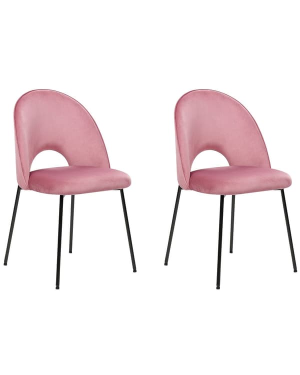 Sett med 2 spisestoler Rosa Fløyel Polstret Svarte ben Retro Glamour Spisestue Kjøkken