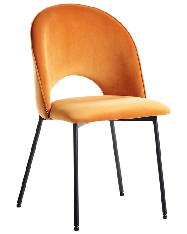 Sæt med 2 Spisestuestole Orange Velour Betrukket med Sorte Ben Retro Glamourøs Stil Spisestue Køkken