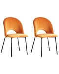 Miniatyrbillede 1 af 10: Sæt med 2 Spisestuestole Orange Velour Betrukket med Sorte Ben Retro Glamourøs Stil Spisestue Køkken