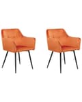 Miniatyrbillede 1 af 9: Sæt med 2 Spisebordsstole Orange Beige Velour Polstret Sæde med Armlæn Sorte Metalben