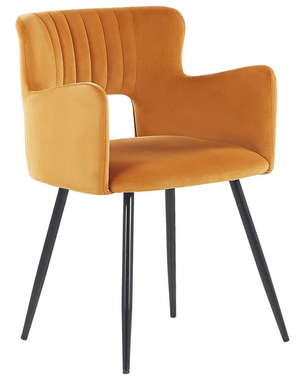 Sæt med 2 Stole Spisestuestol Orange Velour med Armlæn Udskåret Ryglæn Sort Metalben