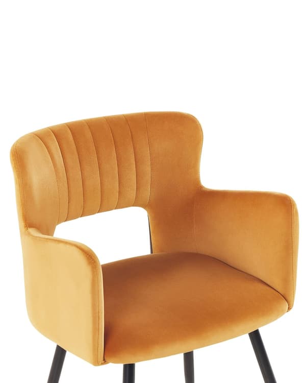 Sæt med 2 Stole Spisestuestol Orange Velour med Armlæn Udskåret Ryglæn Sort Metalben
