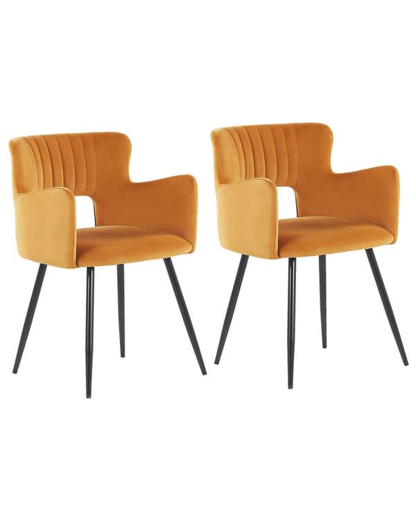 Sæt med 2 Stole Spisestuestol Orange Velour med Armlæn Udskåret Ryglæn Sort Metalben