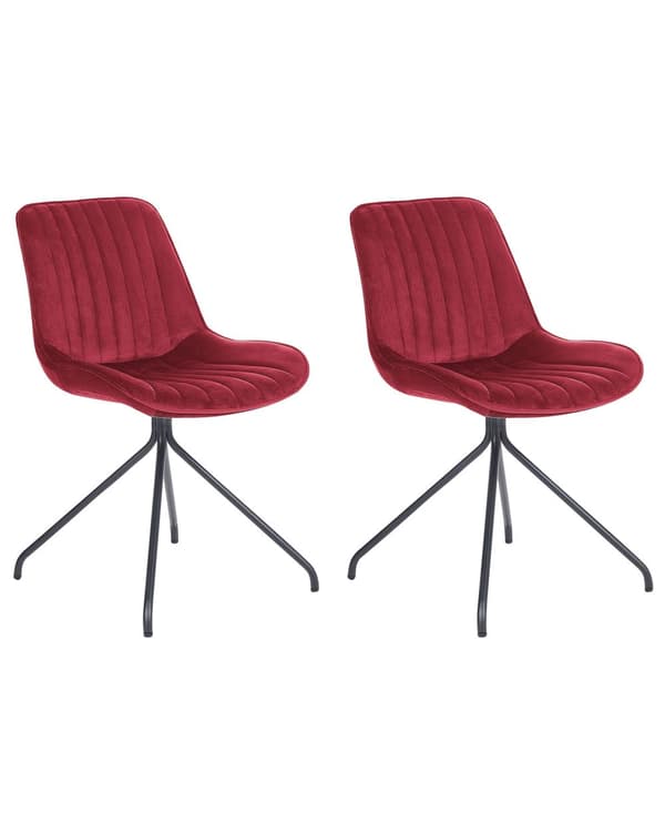 Set om 2 Matstolar Röd Sammetsklädsel Tuftad Utan Armstöd Svart Stålram Retro Design Kök Matsal