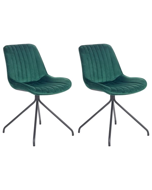 Set om 2 Matstolar Grön Sammetsklädsel Tuftad Utan Armstöd Svart Stålram Retro Design Kök Matsal