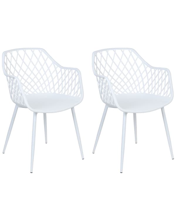 Spisebordsstole Hvid Plast med Metalben Sæt af 2 Skalstole med Armlæn Flet Mønster Ryglæn Moderne Minimalistisk Køkken Tilbehør