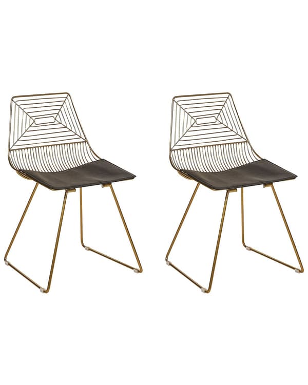 Uppsättning med 2 Matstolar Guld Metall och Stål med Sittdynor i Konstläder Industriell Design Kök Matsal