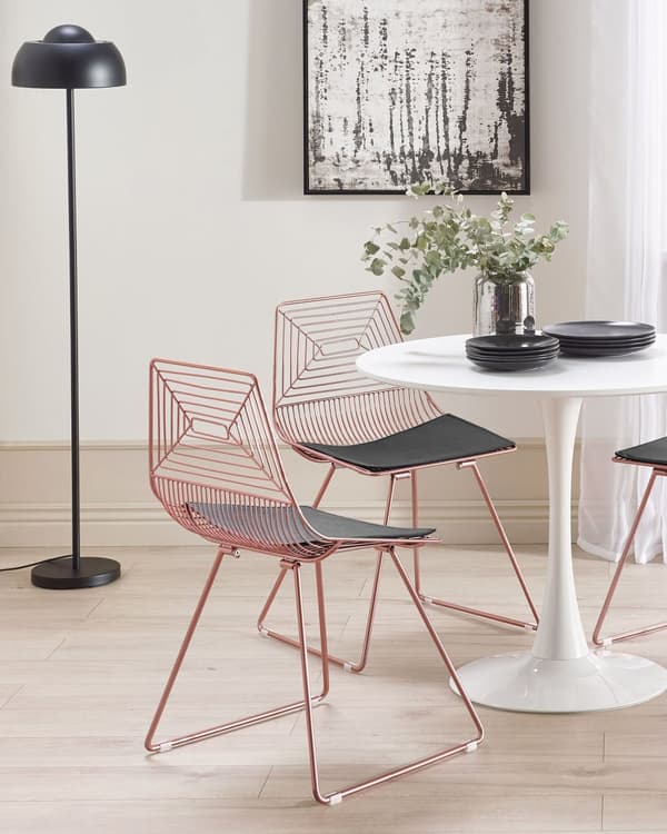 Uppsättning med 2 Matstolar Roseguld Metall och Stål med Sittdynor i Konstläder Industriell Design Kök Matsal
