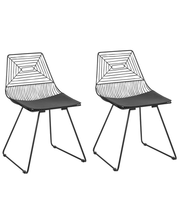 Uppsättning med 2 Matstolar Svart Metall och Stål med Sittdynor i Konstläder Industriell Design Kök Matsal