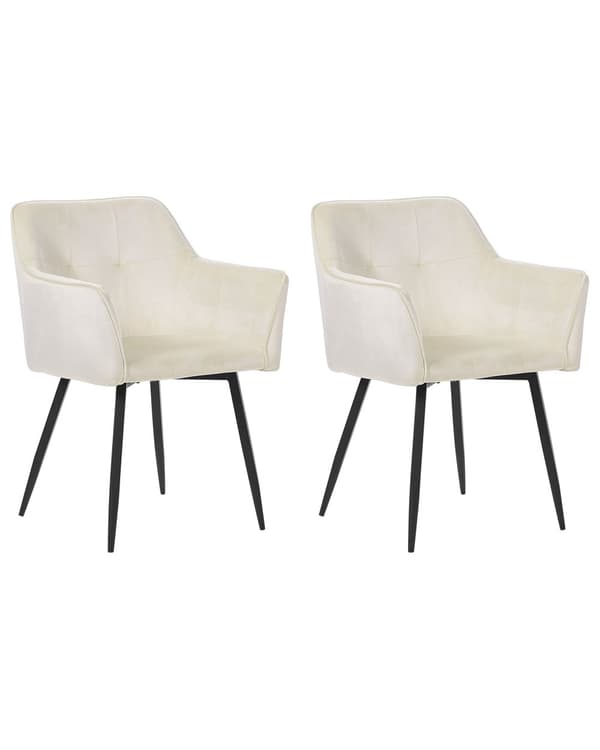 Uppsättning med 2 Matstolar Off-White Beige Sammet Klädd Sits med Armstöd Svarta Metallben Matsal Kök