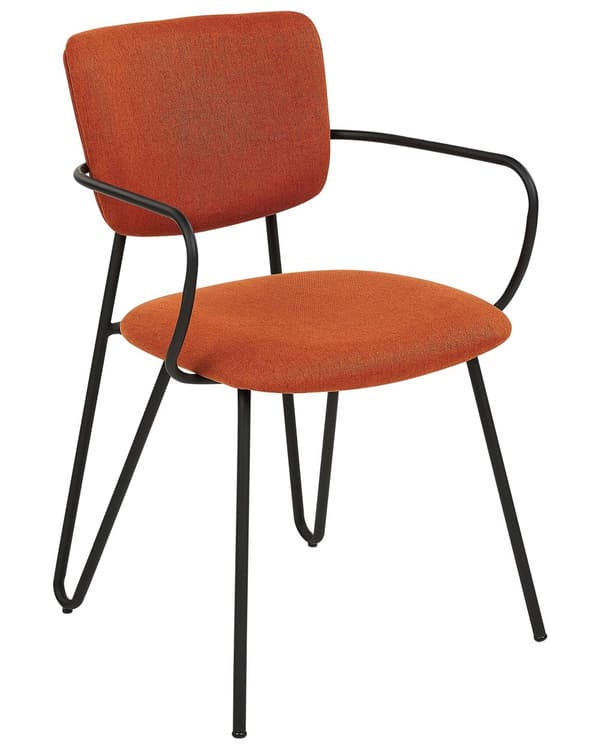 Uppsättning med 2 matstolar Orange polyester med strukturell tygklädsel Svarta metallben Armlöst böjt ryggstöd Modern modern design