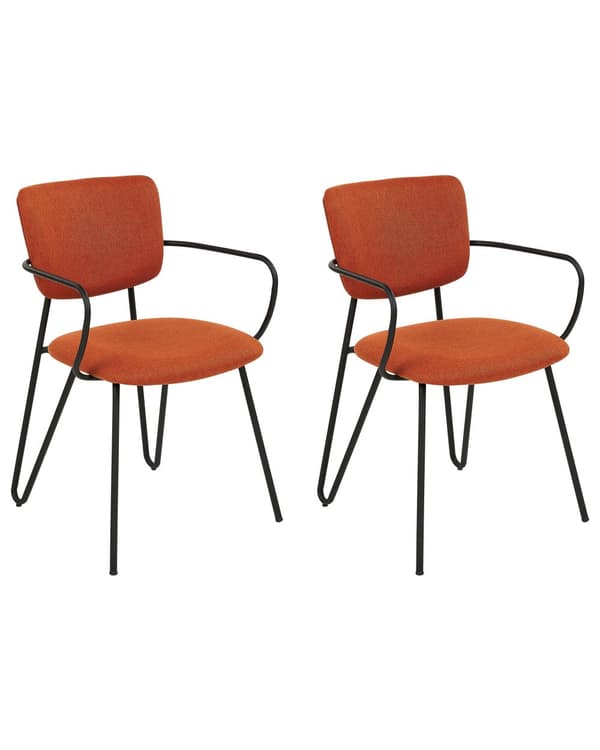 Uppsättning med 2 matstolar Orange polyester med strukturell tygklädsel Svarta metallben Armlöst böjt ryggstöd Modern modern design