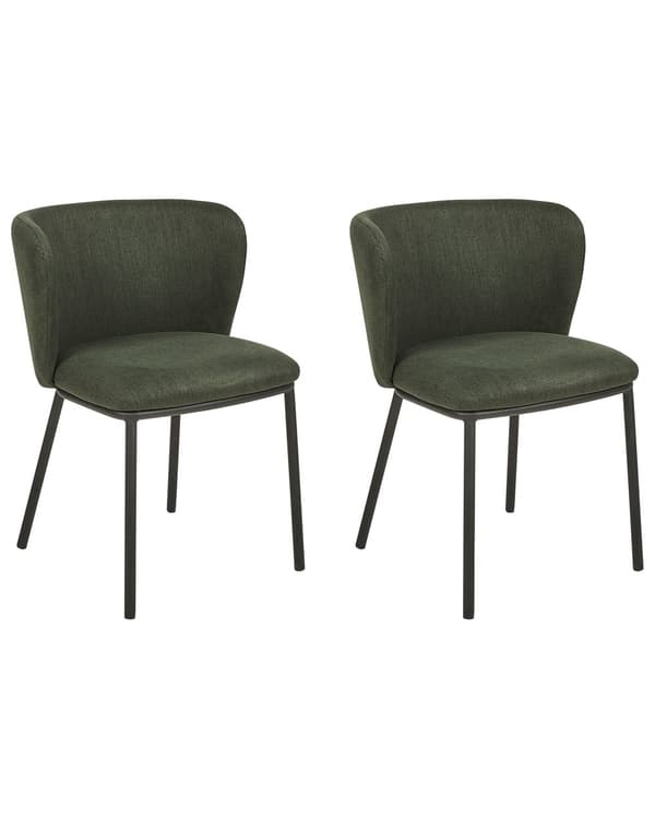 Uppsättning med 2 matstolar Mörkgrön polyesterklädsel Svarta metallben Armlöst böjt ryggstöd Modern samtida design